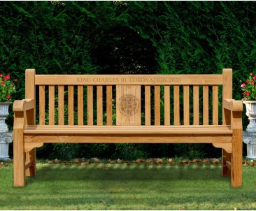 King Charles III Coronation Bench, Coronation Emblem, Teak - Balmoral 1.8m