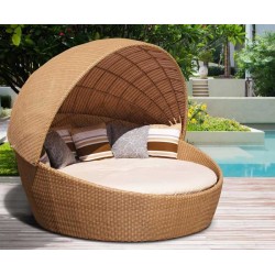 Oyster Rattan Daybed with Canopy, Round Wicker Daybed