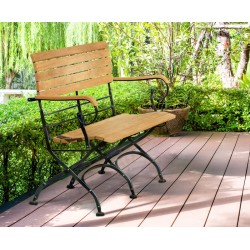Folding Teak Black Bistro Bench with Arms - 1.2m